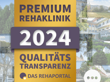 Abbildung des Siegels „Premium Rehakliniken 2024 - Auszeichnung für Transparenz und Vergleichbarkeit“. 